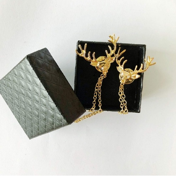 Womens Deer Antlers Shirt Collar Chain Pin Gold - Picture 3 of 3